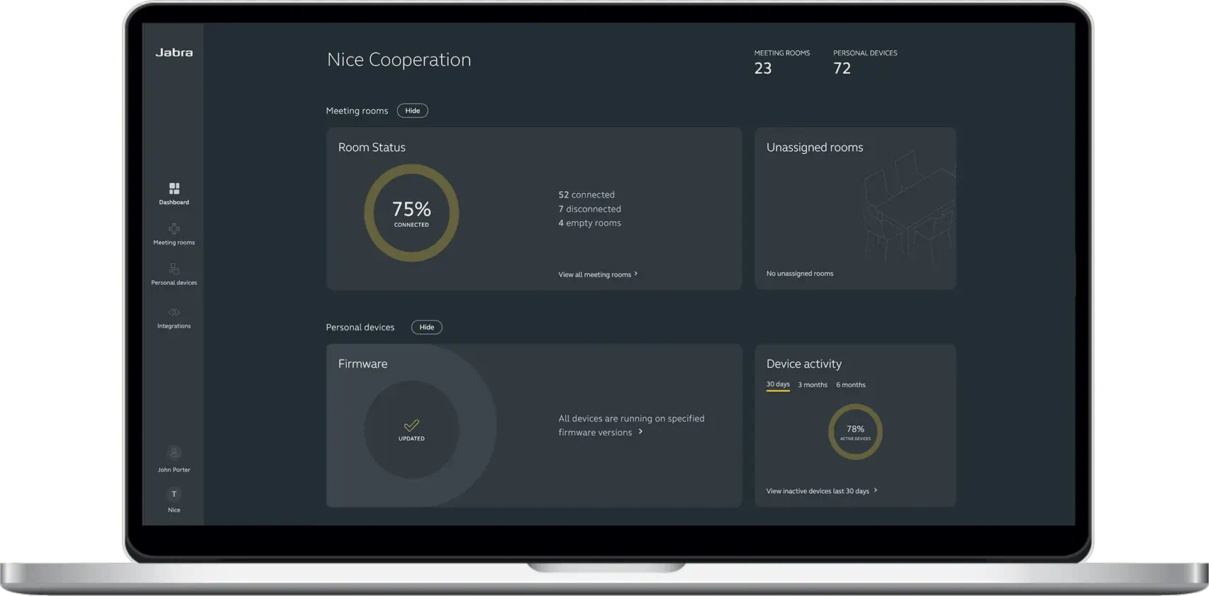 Dashboard view of Jabra device and room management software