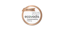 EcoVadis Bronze 2023 badge — circular bronze medal with a ribbon reading 'BRONZE', '2023' and 'ecovadis Sustainability Rating' inside.