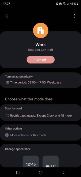 Phone screenshot showing Work mode turned on. 