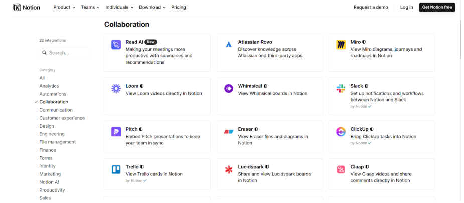 screenshot of integrated apps with Notion. Source: https://www.notion.com/