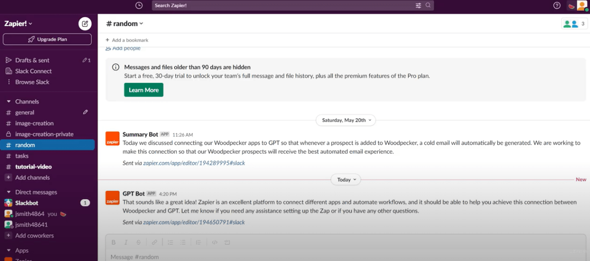 Screenshot showing Slack and Zapier integration functionality Source: https://slack.com/