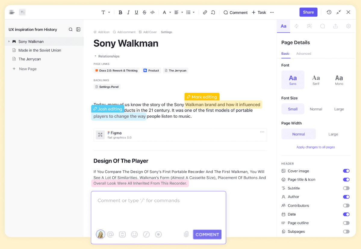 Collaborative document editor showing multiple users editing a page titled “Sony Walkman”. Source: https://www.craft.do