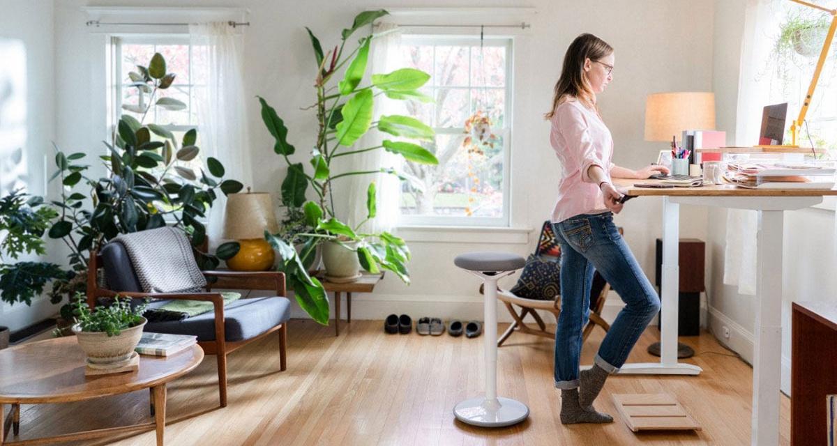 Woman standing at her adjustable desk in a bright and comfortable home office. Source: https://www.ecohome.net/guides/3637/how-do-you-create-a-healthy-home-office-biophilic-interior-design/