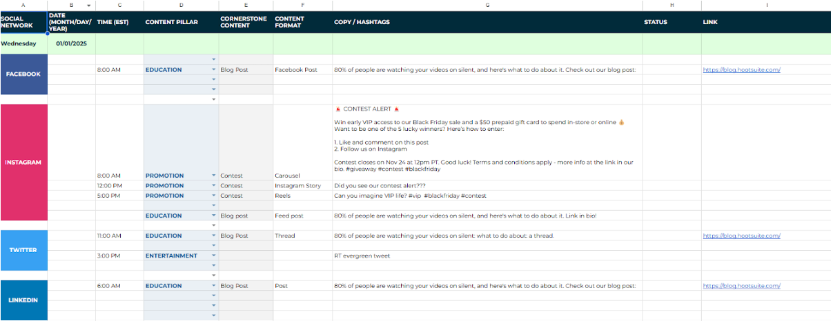 Example social media strategy calendar from Hootsuite. Source: https://blog.hootsuite.com/social-media-calendar/
