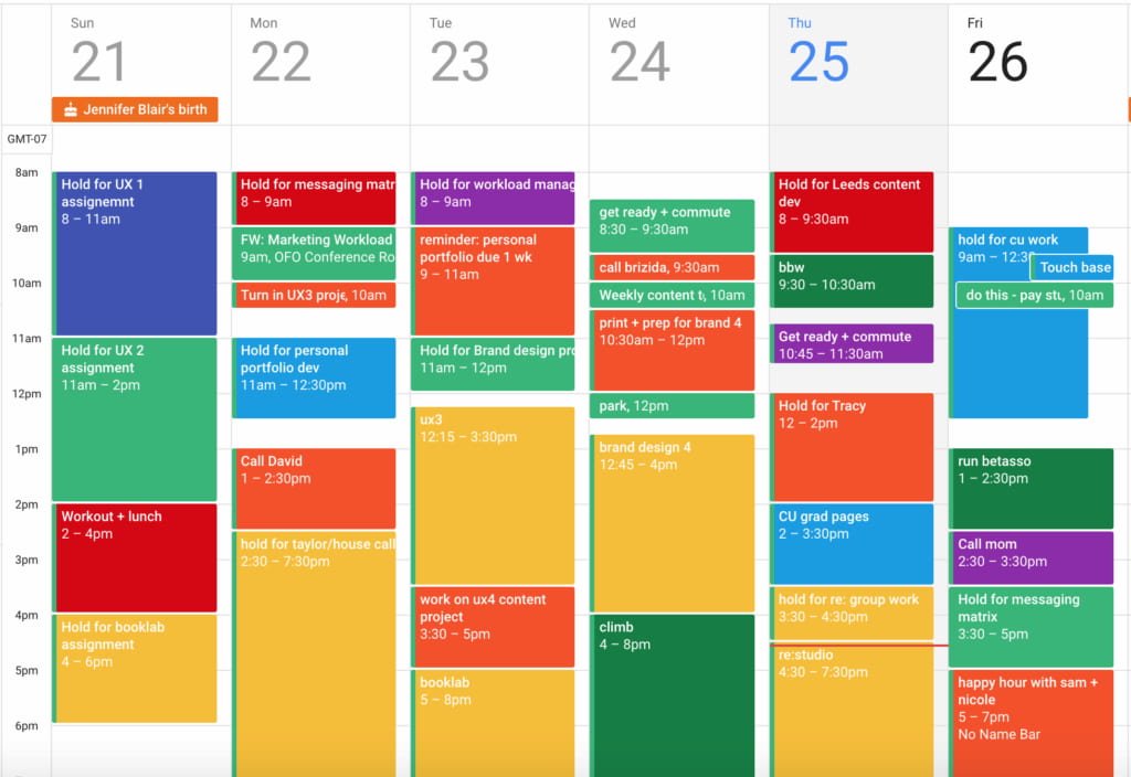 This is what your Google Calendar could look like when you merge business and personal appointments - get notifications for each appointment through your wearable tech. Source: https://everhour.com/blog/how-to-make-a-schedule-on-google-calendar/