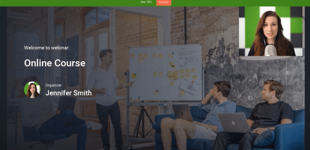 ClickMeeting webinar interface for an online course featuring a presenter at a whiteboard with attendees seated, and a live video feed of the host in the top right corner. Source: https://clickmeeting.com/tools/video-conferencing