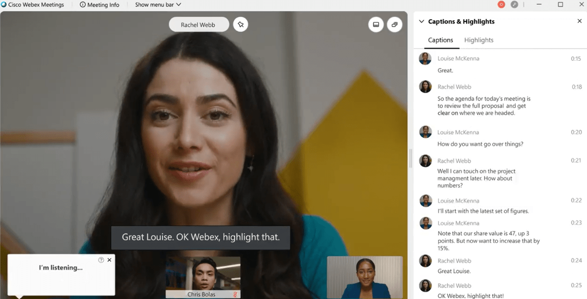woman on a conference call using Webex and Webex Assistant. Source: https://www.webex.com/free-video-conferencing