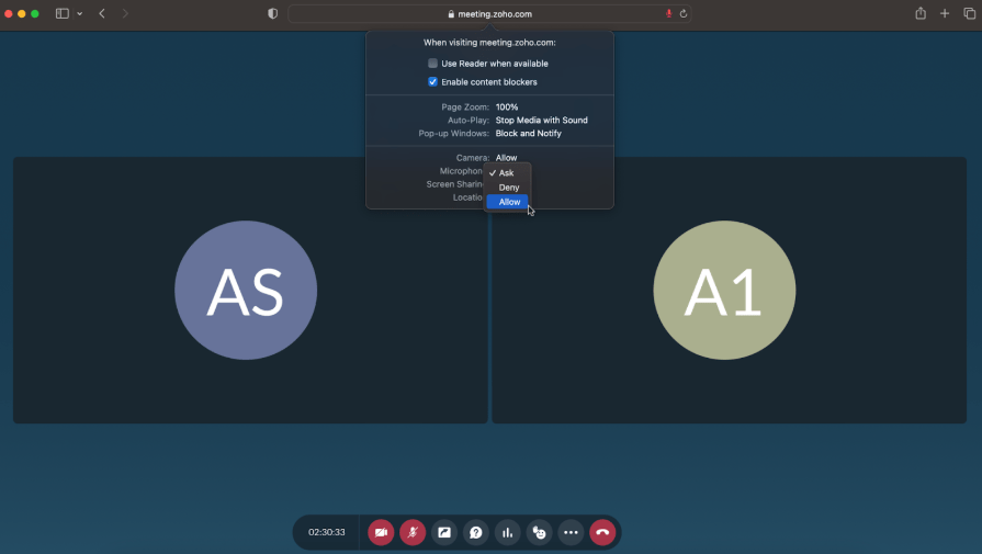 An image of the Zoho Meeting platform clicking allow on a conferencing camera. Source: https://www.zoho.com/meeting/free-online-meeting.html