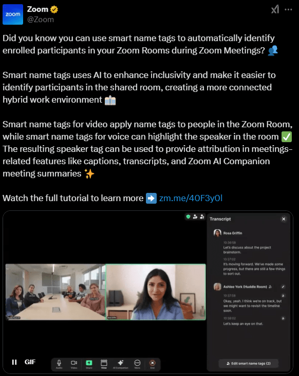 Zoom social media post explaining how AI-powered smart name tags can identify participants in Zoom Rooms. Source: https://x.com/Zoom/status/1880341692420682132