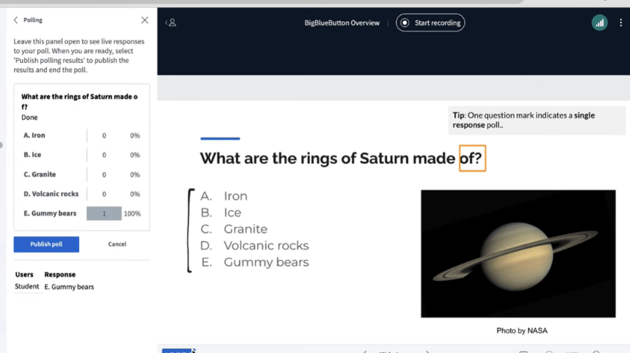 screenshot showing the polling functionality of BigBlueButton Source: https://bigbluebutton.org/