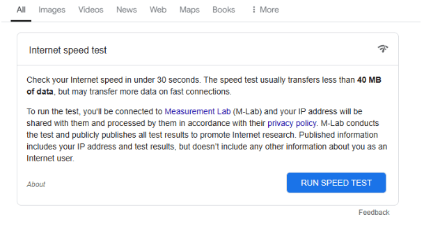 A screenshot of Google’s speed tester. Source: https://www.google.com/search?q=google+internet+speed+test&oq=google+internet+speed+test&gs_lcrp=EgZjaHJvbWUyBggAEEUYOTIGCAEQRRhA0gEIMzAxMmowajeoAgCwAgA&sourceid=chrome&ie=UTF-8