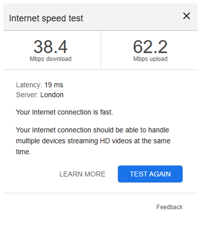 A screenshot of Google’s speed tester. Source: https://www.google.com/search?q=google+internet+speed+test&oq=google+internet+speed+test&gs_lcrp=EgZjaHJvbWUyBggAEEUYOTIGCAEQRRhA0gEIMzAxMmowajeoAgCwAgA&sourceid=chrome&ie=UTF-8