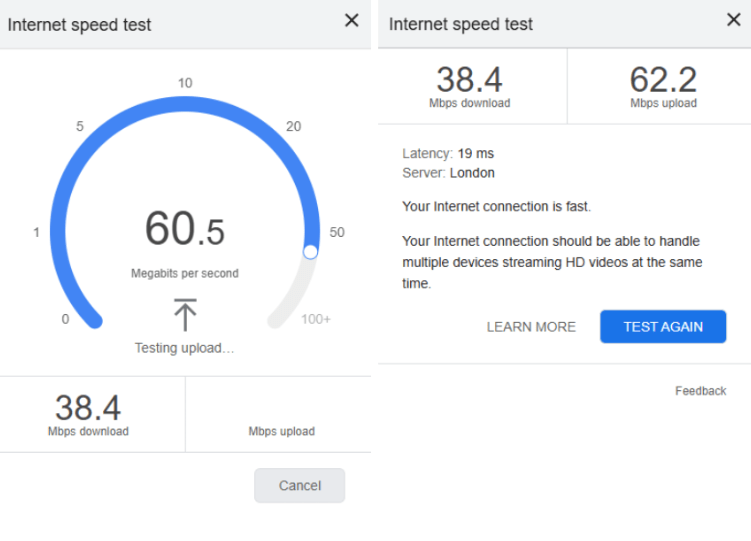 A screenshot of Google’s speed tester. Source: https://www.google.com/search?q=google+internet+speed+test&oq=google+internet+speed+test&gs_lcrp=EgZjaHJvbWUyBggAEEUYOTIGCAEQRRhA0gEIMzAxMmowajeoAgCwAgA&sourceid=chrome&ie=UTF-8