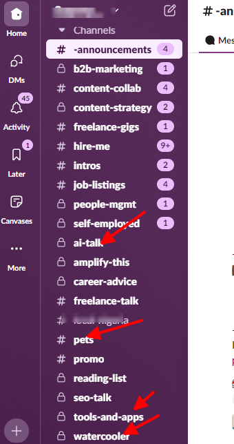 screenshot of slack account showing employee engagement channels