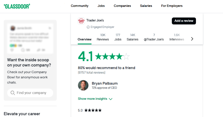 screenshot of trader joe’s glassdoor account showing employee rating, a good signal of employee engagement