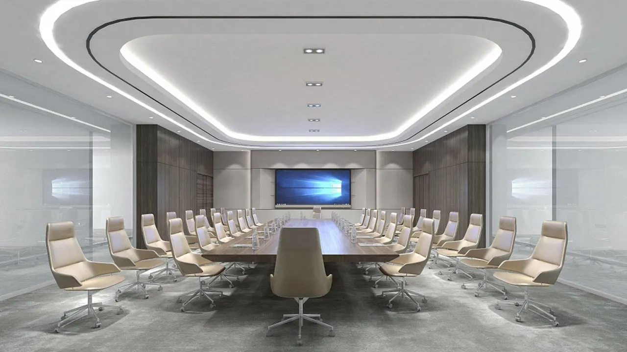 Large white conference room showing white chairs and one screen. Source: https://www.dious-furniture.com/spaces/6-ideas-best-meeting-room-design-styles